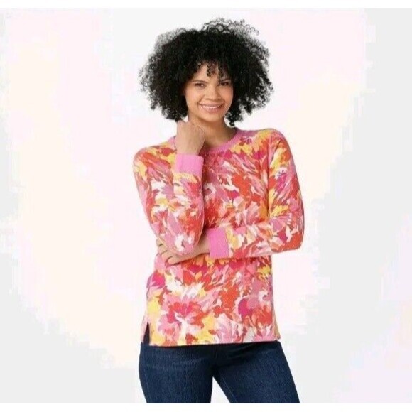 Isaac Mizrahi Live! Floral Printed Sweater w/ Cover Stitch PINK M A393580 - Picture 1 of 7